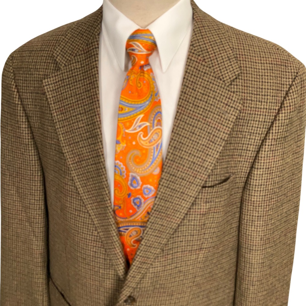 Chaps Ralph Lauren Blazer Mens 44R Brown Houndstooth Check Silk Wool Jacket